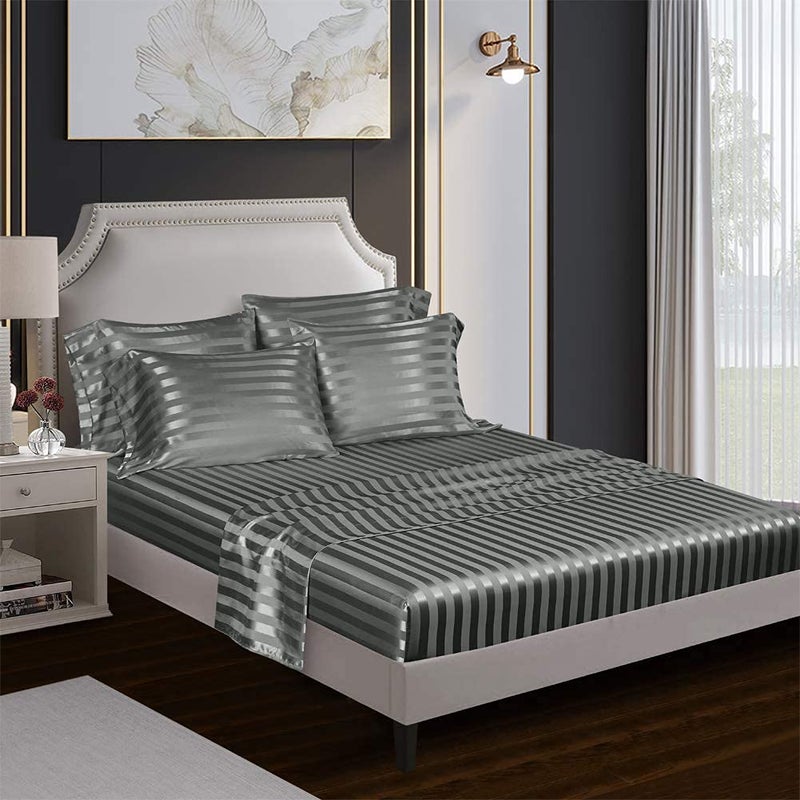 AiMay 6 Piece Satin Italian Style Bed Sheet Set Deep Pocket Stripes 1800 Luxury Rich Silk 1 Flat Sheet 1 Fitted Sheet 4 Envelope Pillowcases Stain-Resistant Wrinkle Free (King, Grey) - Image 3
